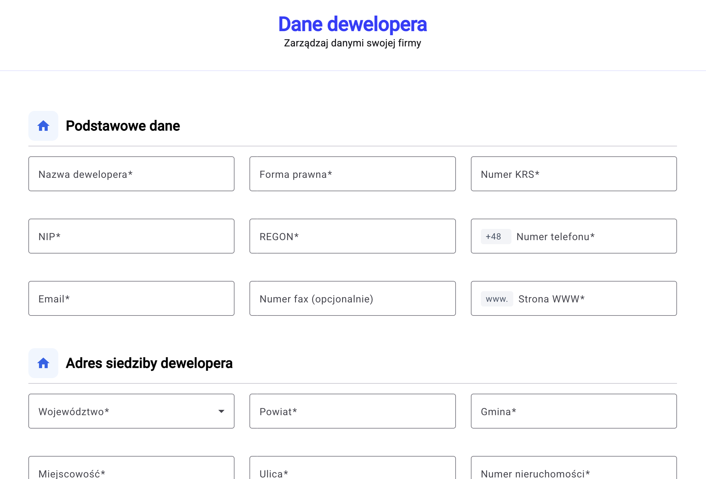 Formularz danych dewelopera