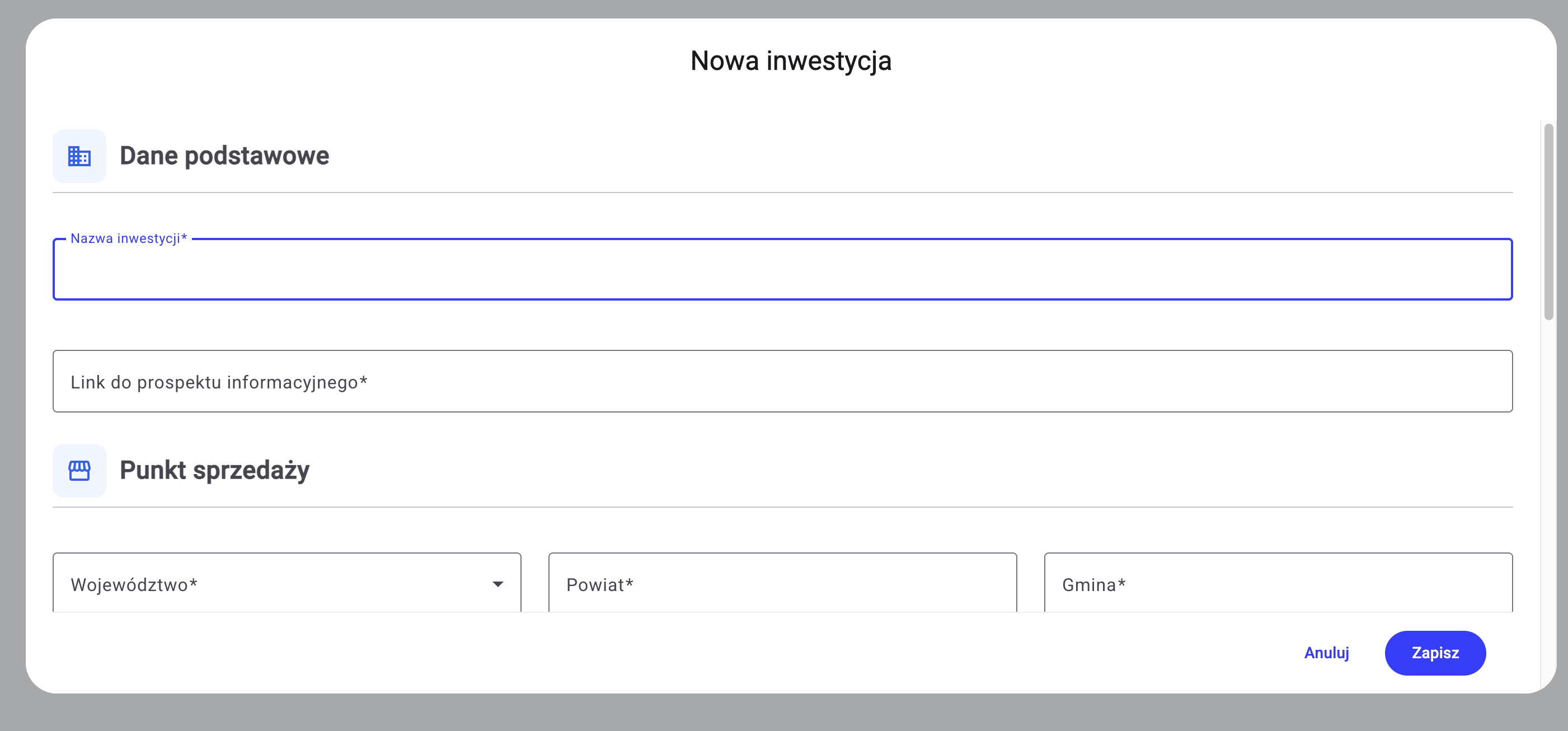 Formularz nowej inwestycji
